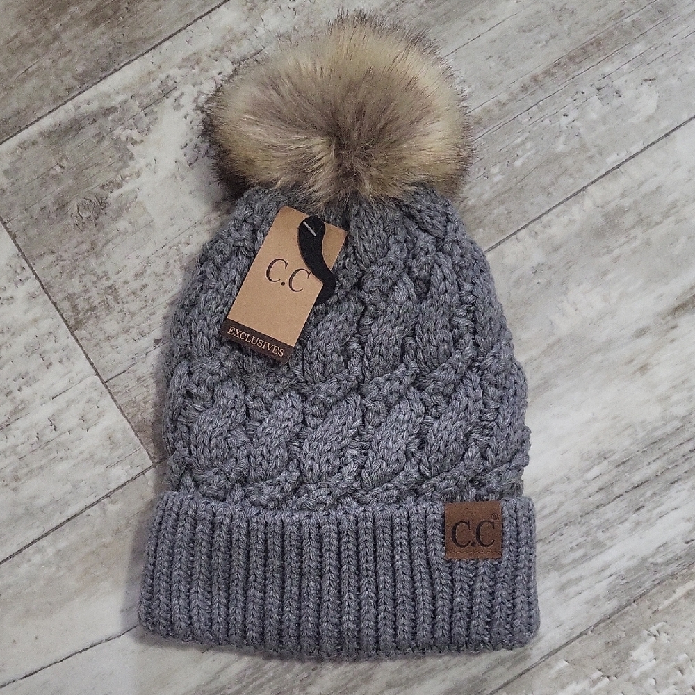C.C gray knit beanie with fur pom pom